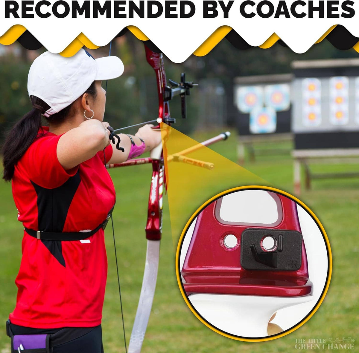 Red recurve bow with black arrow rest mounted on the riser, close-up inset