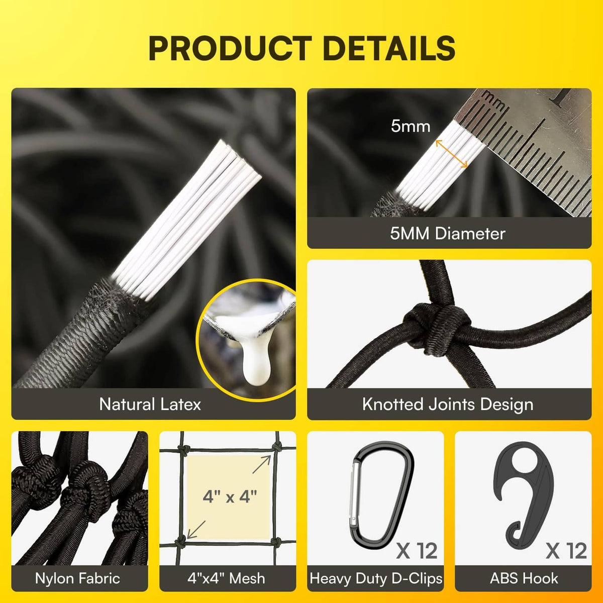 Cargo net cord and mesh joint close-up, black braided cords and knots
