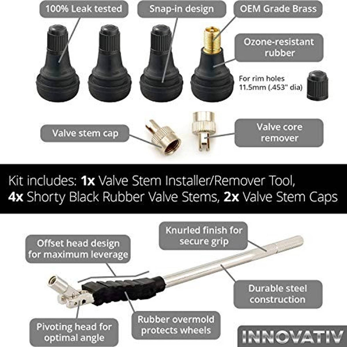 Valve stem installer/remover kit with steel tool, black stems, and brass valve caps