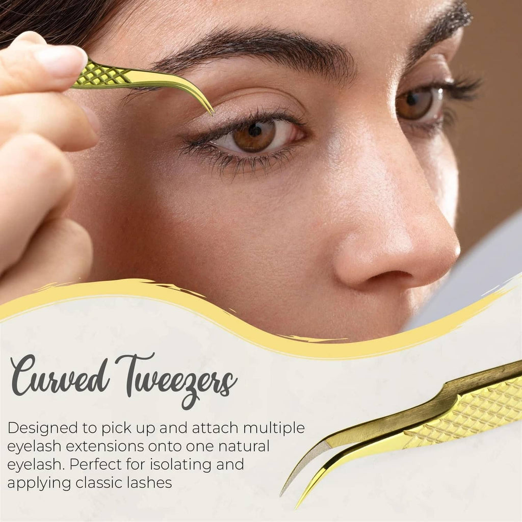 Gold eyelash tweezers with diamond-texture grip and curved tip held near eye