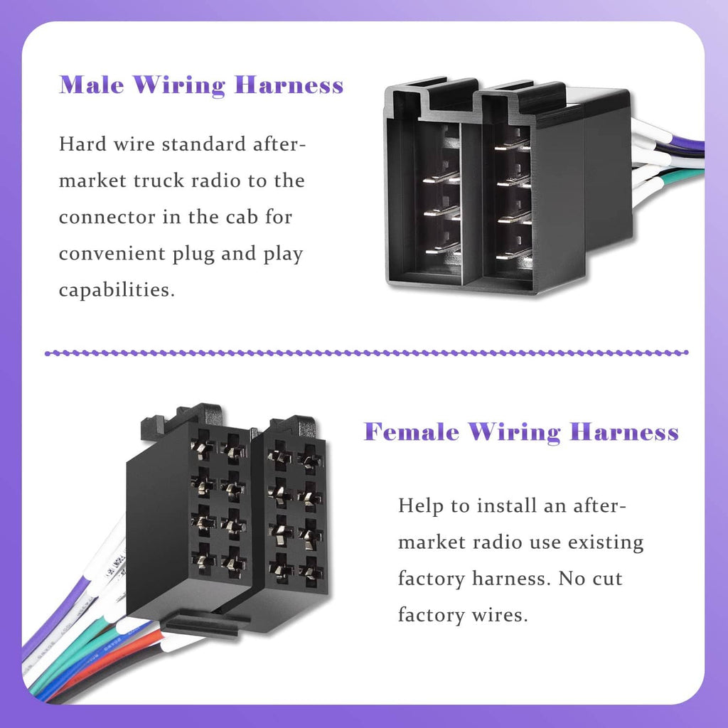 ISO radio wiring harness adapter with male and female black connector plugs