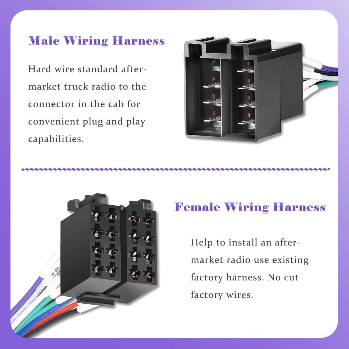 ISO radio wiring harness adapter with male and female black connector plugs