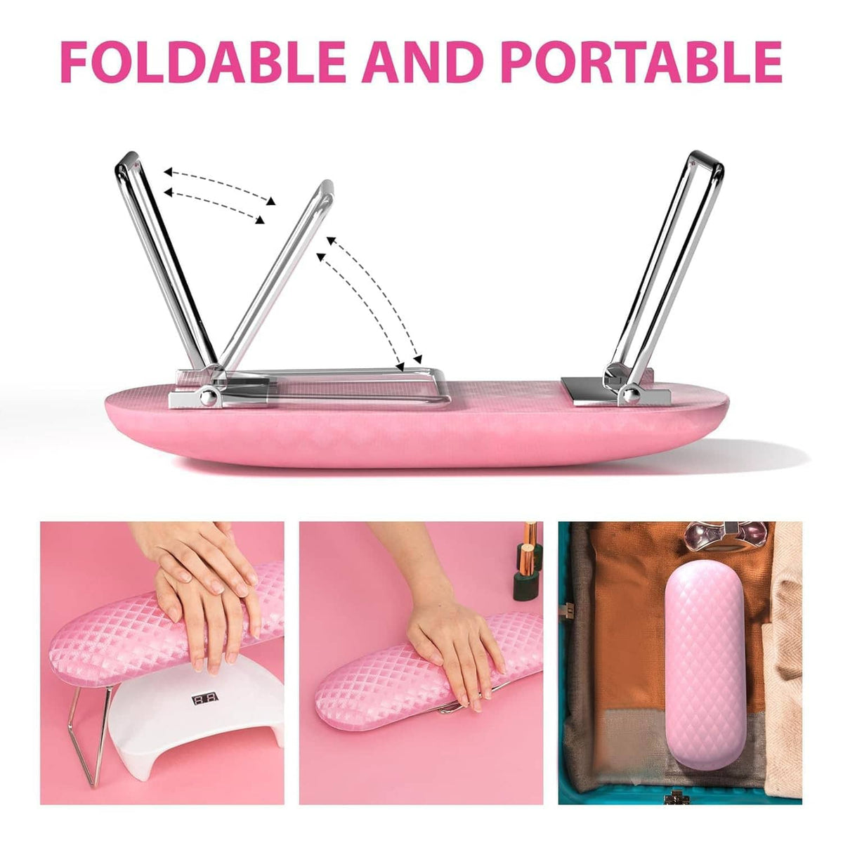 Pink foldable nail arm rest cushion with metal support legs in open position