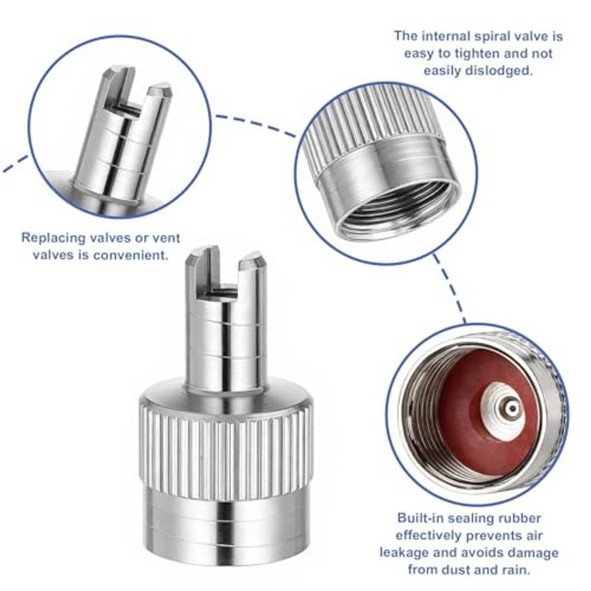 Slotted silver tire valve stem cap with built-in sealing rubber valve core