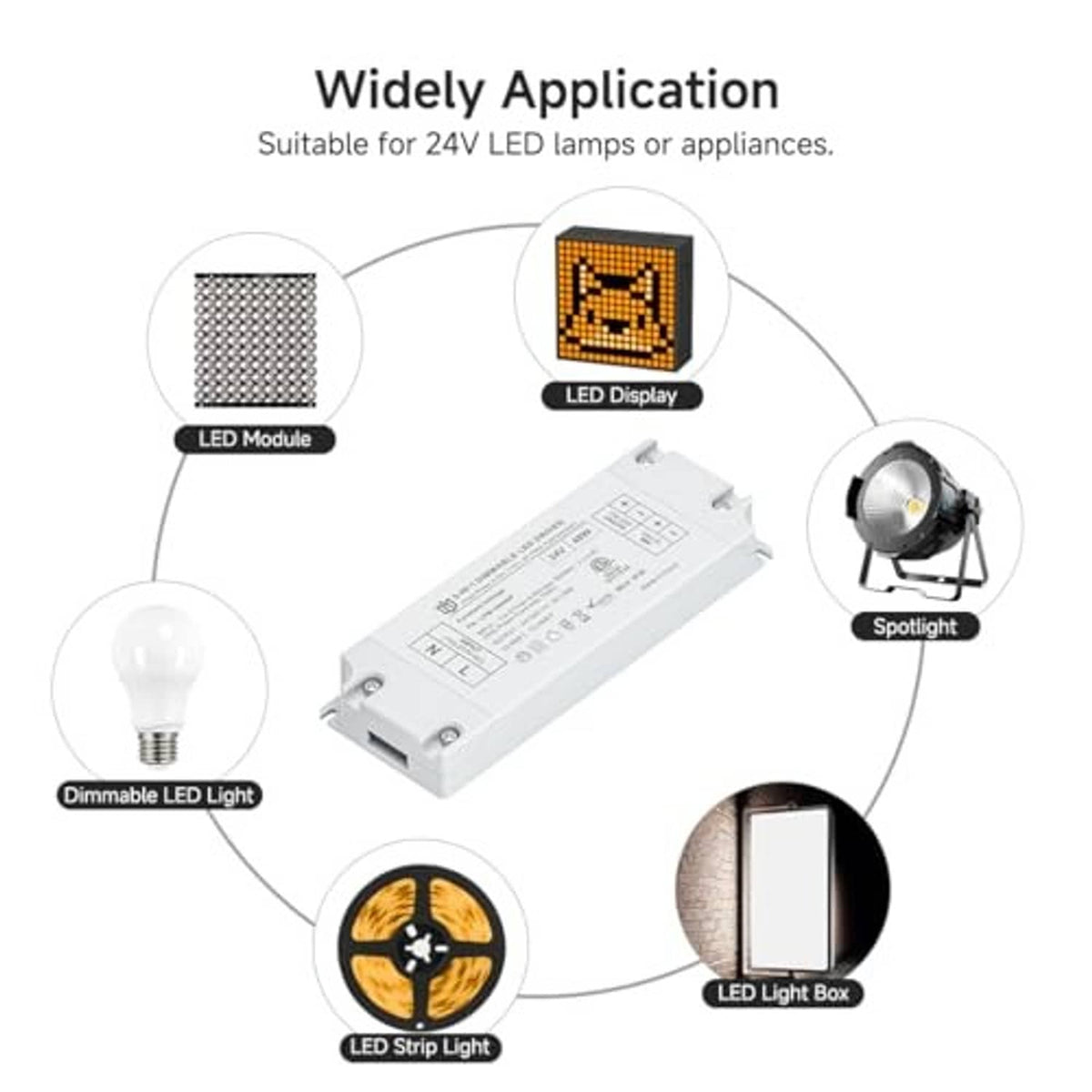 White 24V dimmable LED driver with input and output terminal connections