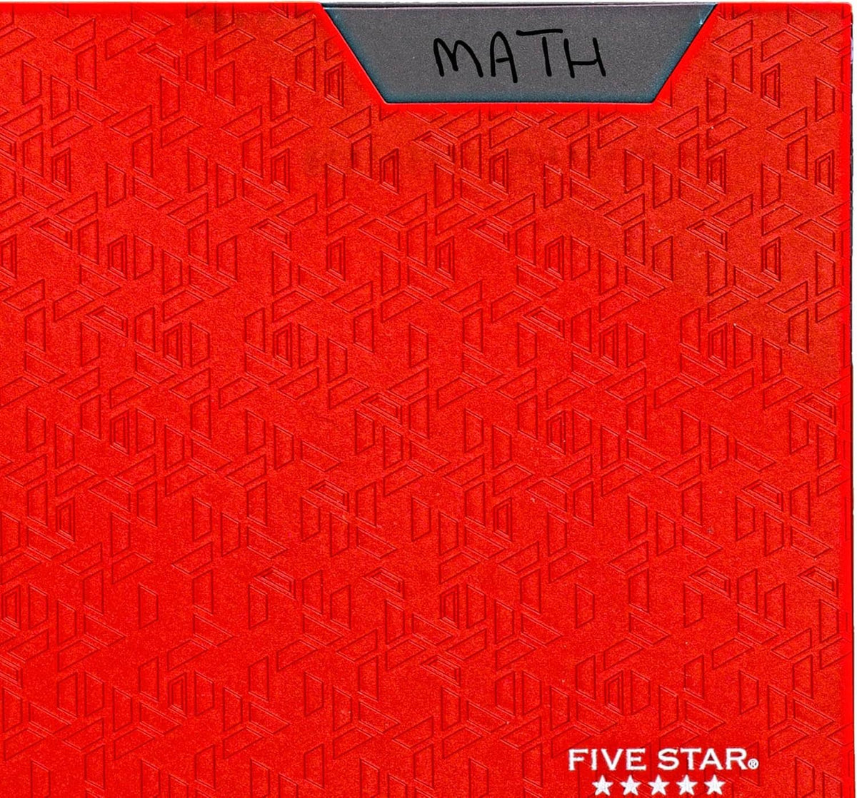 Red plastic folder cover with embossed pattern and small “FIVE STAR” label
