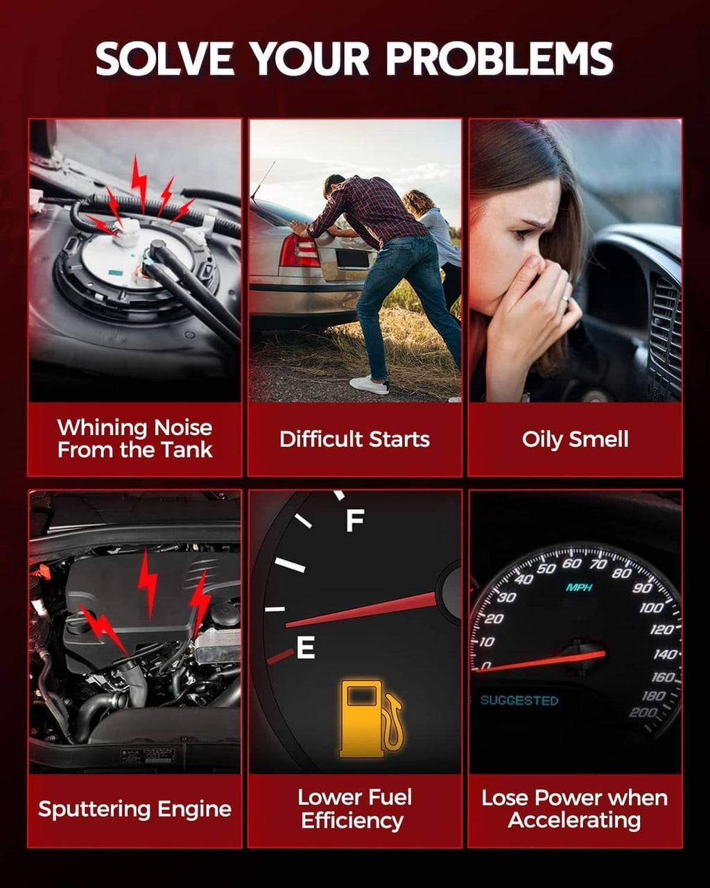 Troubleshooting graphic showing symptoms like whirring noise, difficult starts, and low power