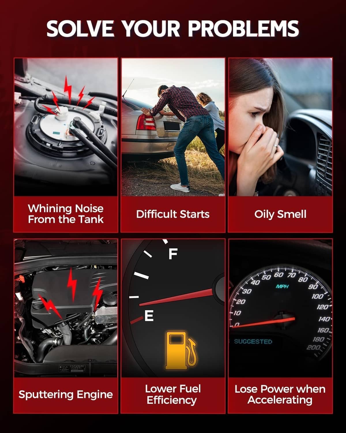 Troubleshooting graphic showing symptoms like whirring noise, difficult starts, and low power