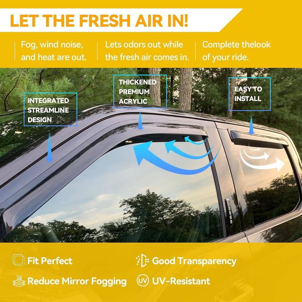 Window visor rain guards mounted on car windows, integrated streamlining design