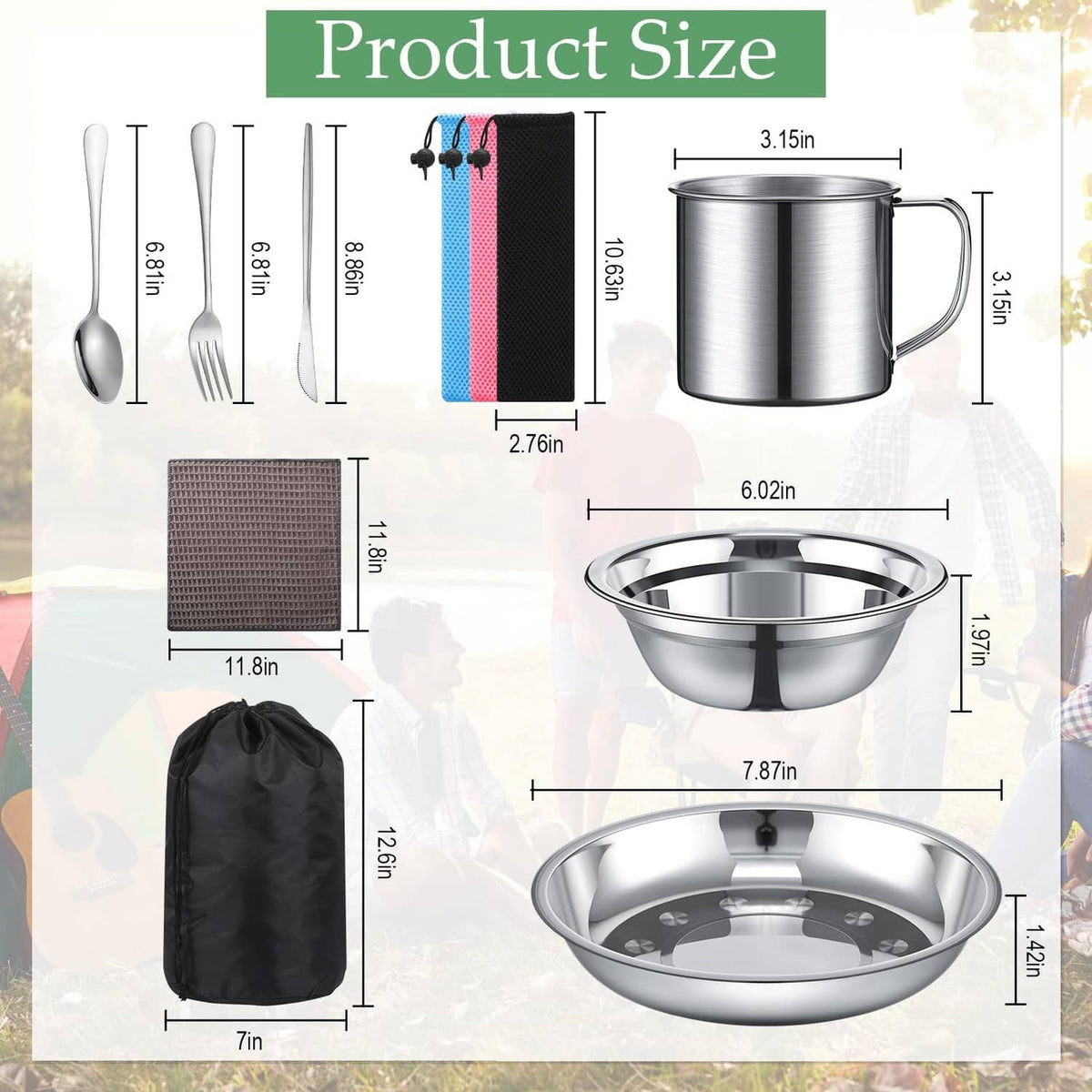 Stainless steel camping cookware set with mug, nesting bowl, utensils, mesh mat and bag