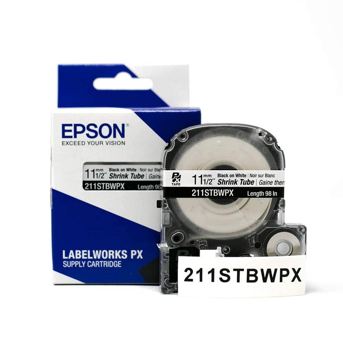 Epson Labelworks PX cartridge with white heat shrink tube tape and label