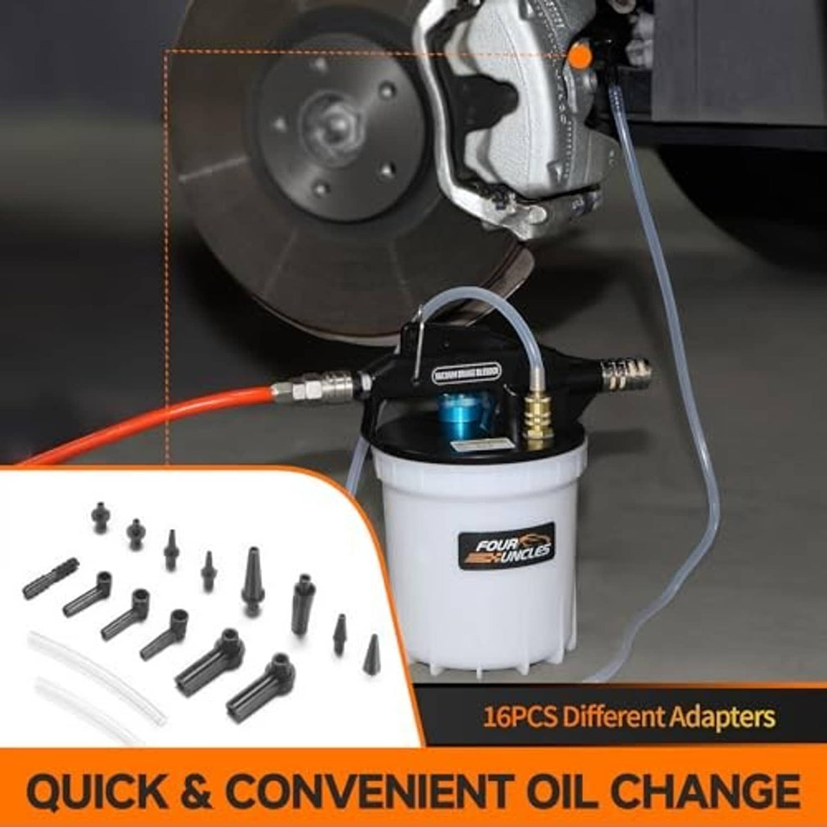 Brake bleeder vacuum pump with blue silicone hose and included adapter set