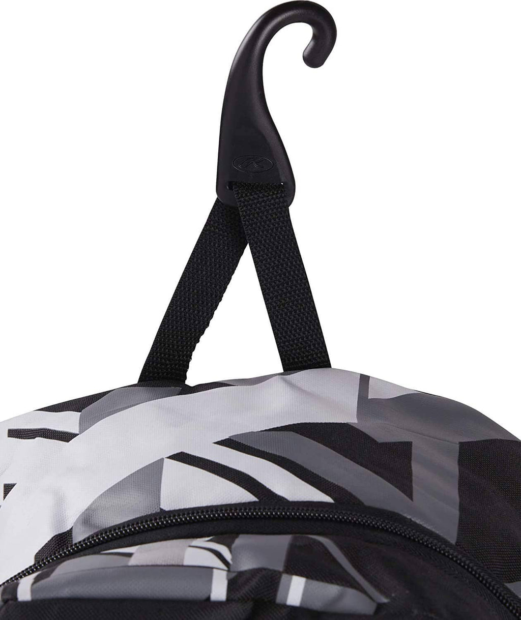 Baseball equipment backpack top view with hanging strap, front zipper, and black-and-white geometric fabric.