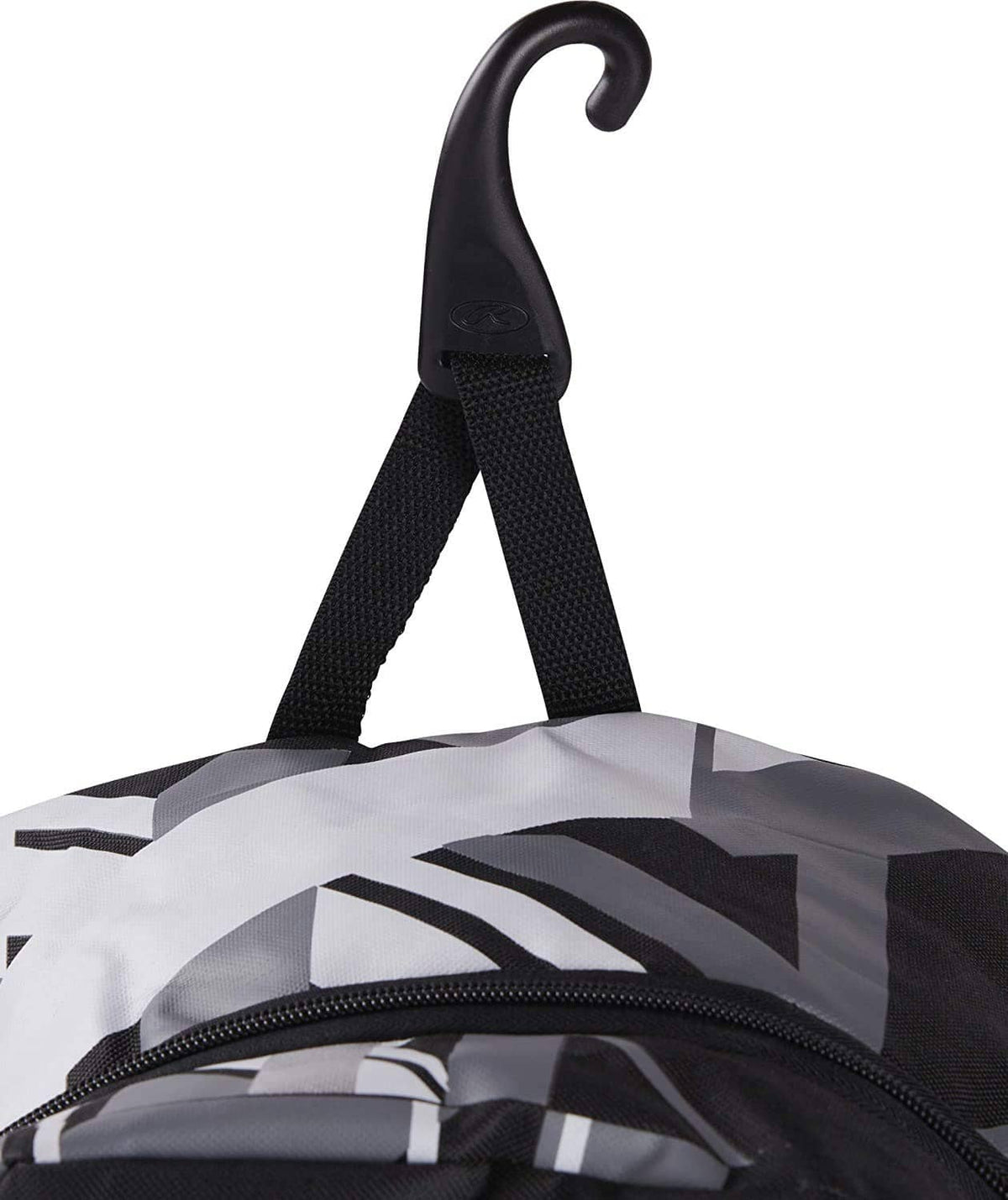 Baseball equipment backpack top view with hanging strap, front zipper, and black-and-white geometric fabric.