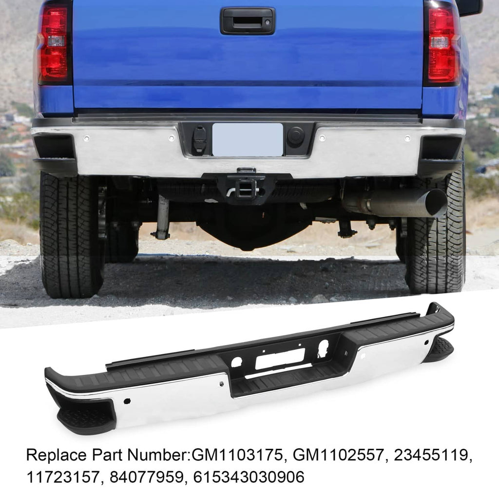 Rear step bumper with license plate opening, black textured guard, and sensor-hole cutouts