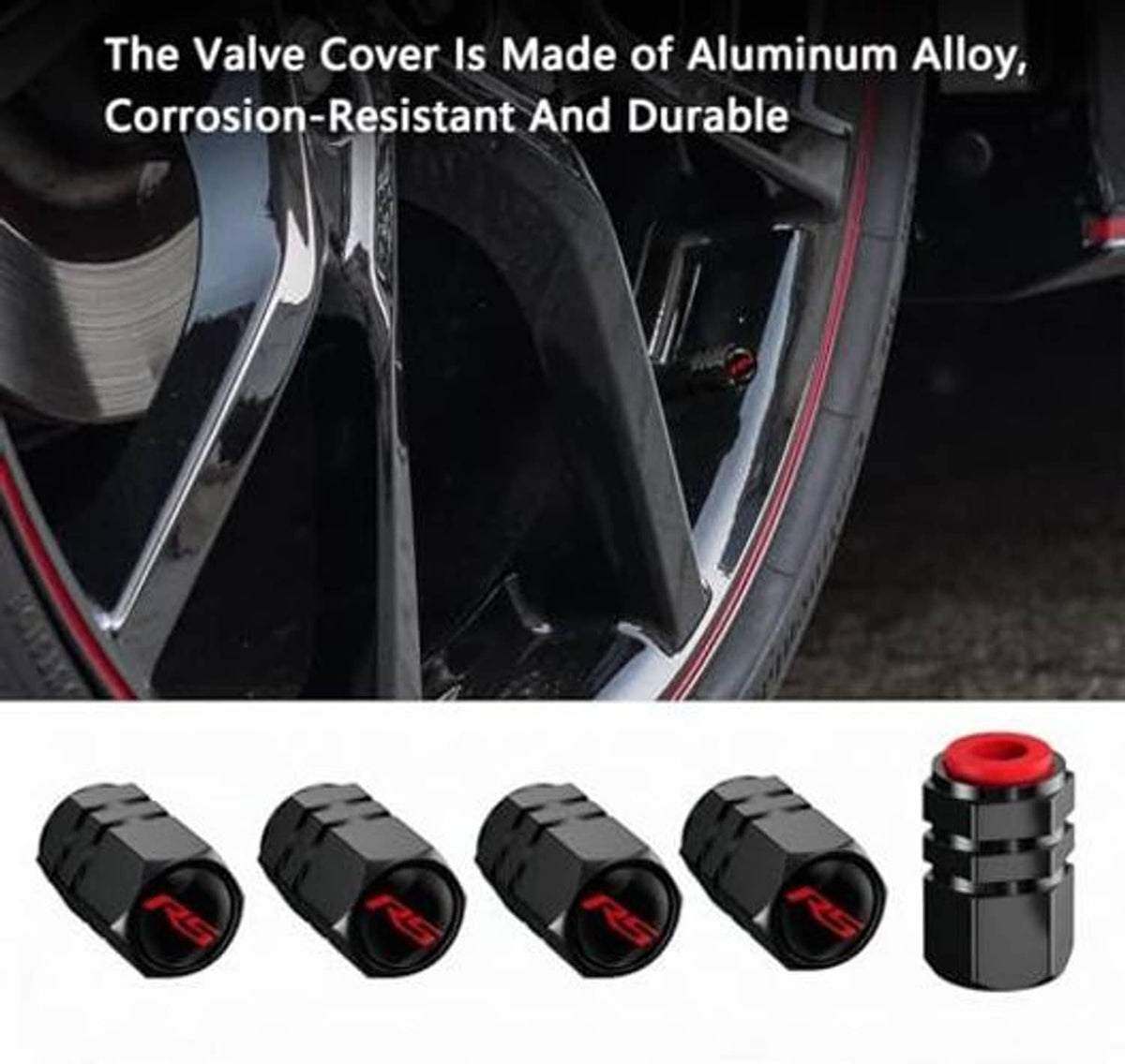 Black tire valve stem caps with red top ring and RS logo