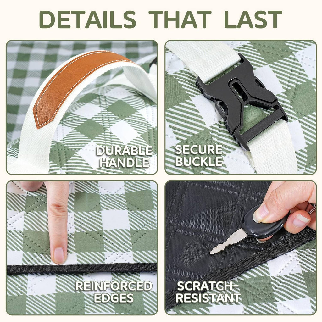 Green and white checkered blanket details: durable handle, secure buckle, reinforced edges