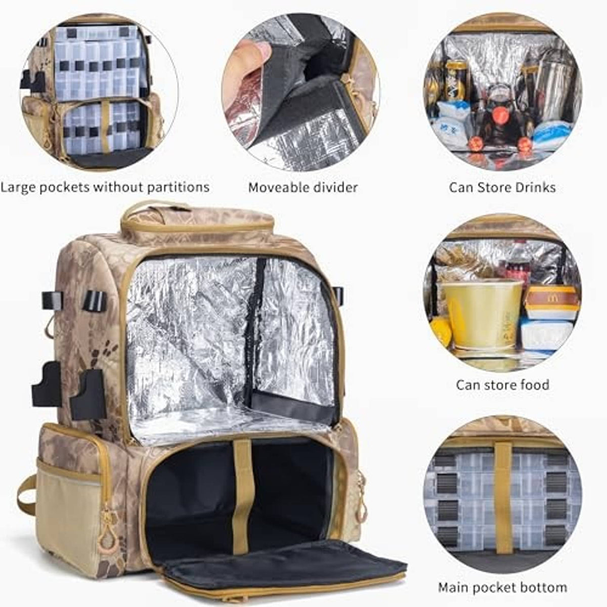 Khaki camo tackle backpack with open main compartment and foil-lined interior
