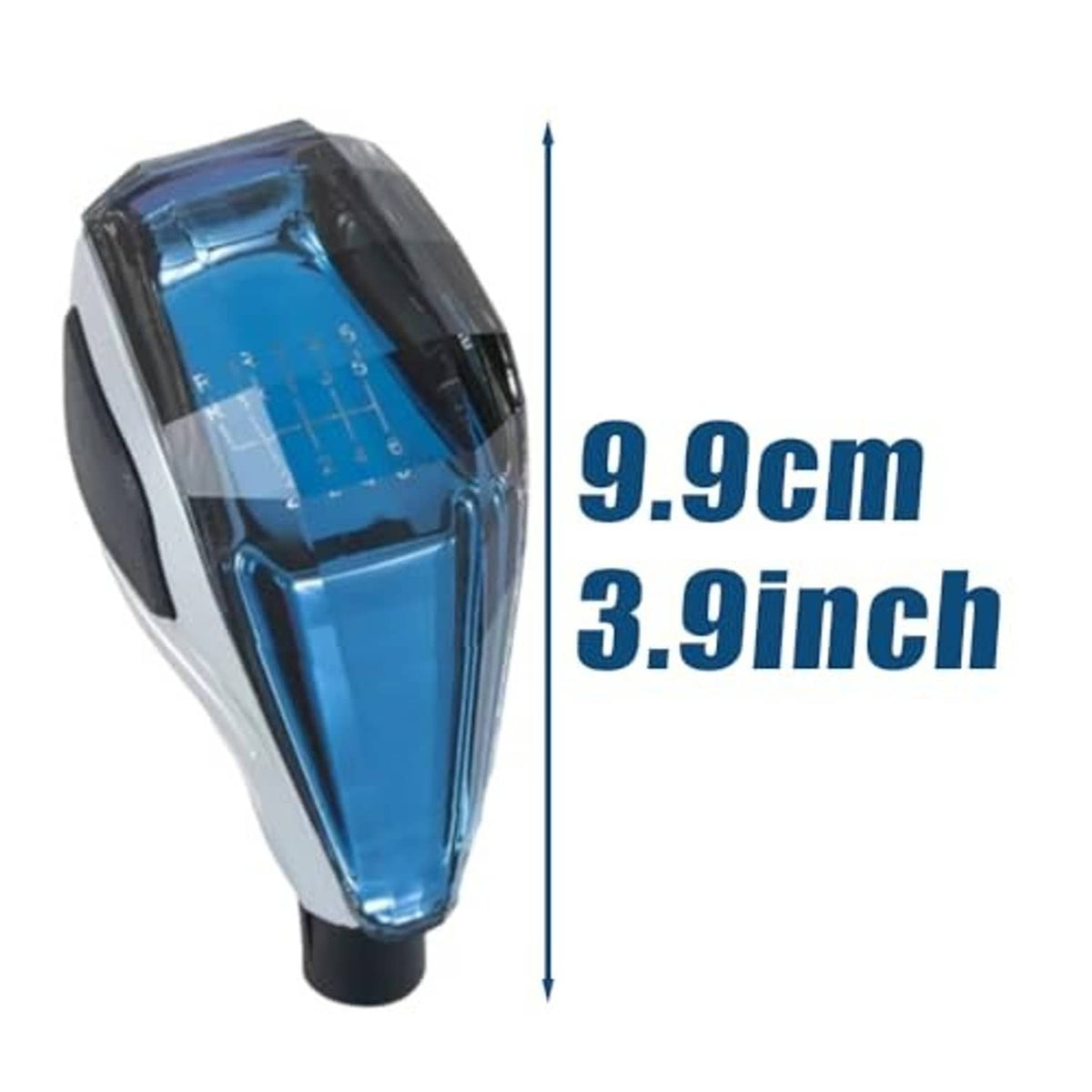 Blue illuminated touch gear shift knob, size marking shows 9.9cm height