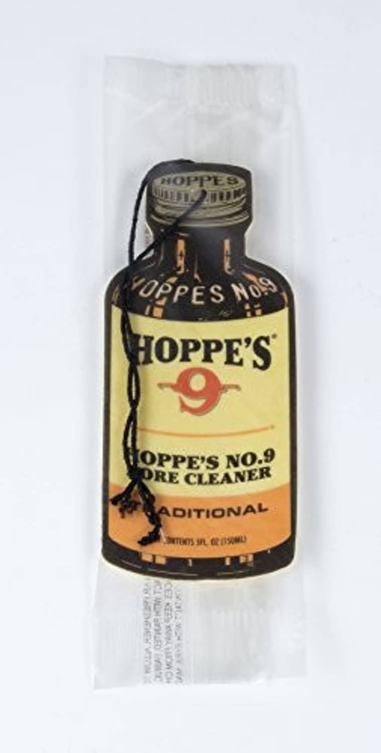 Hoppe's No. 9 air freshener bottle in clear pouch, traditional scent label