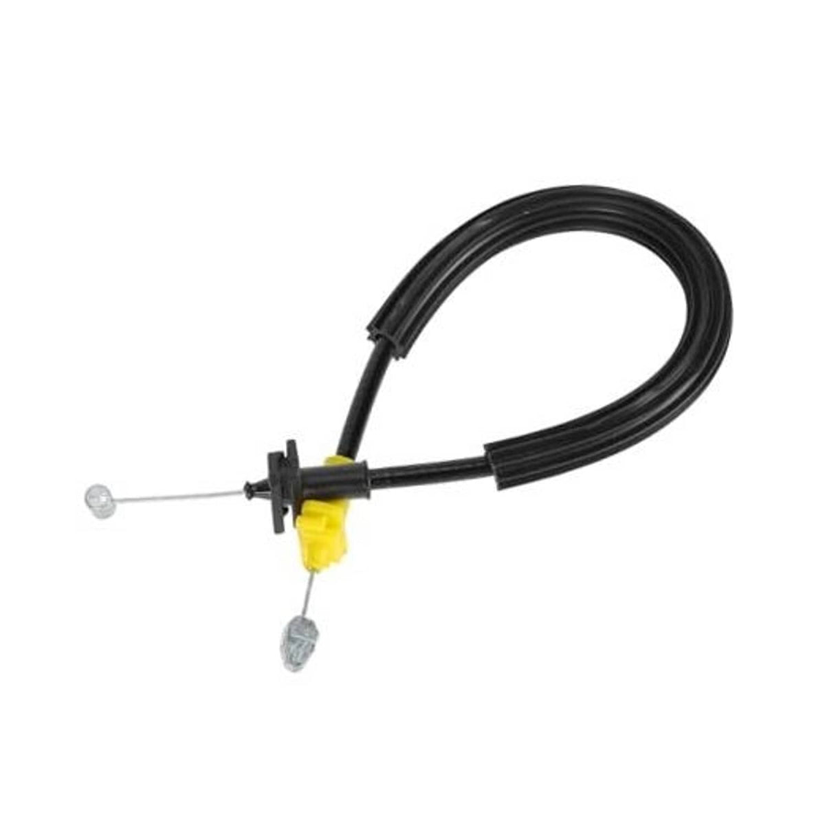 Black front door latch cable with yellow connector and metal rod end