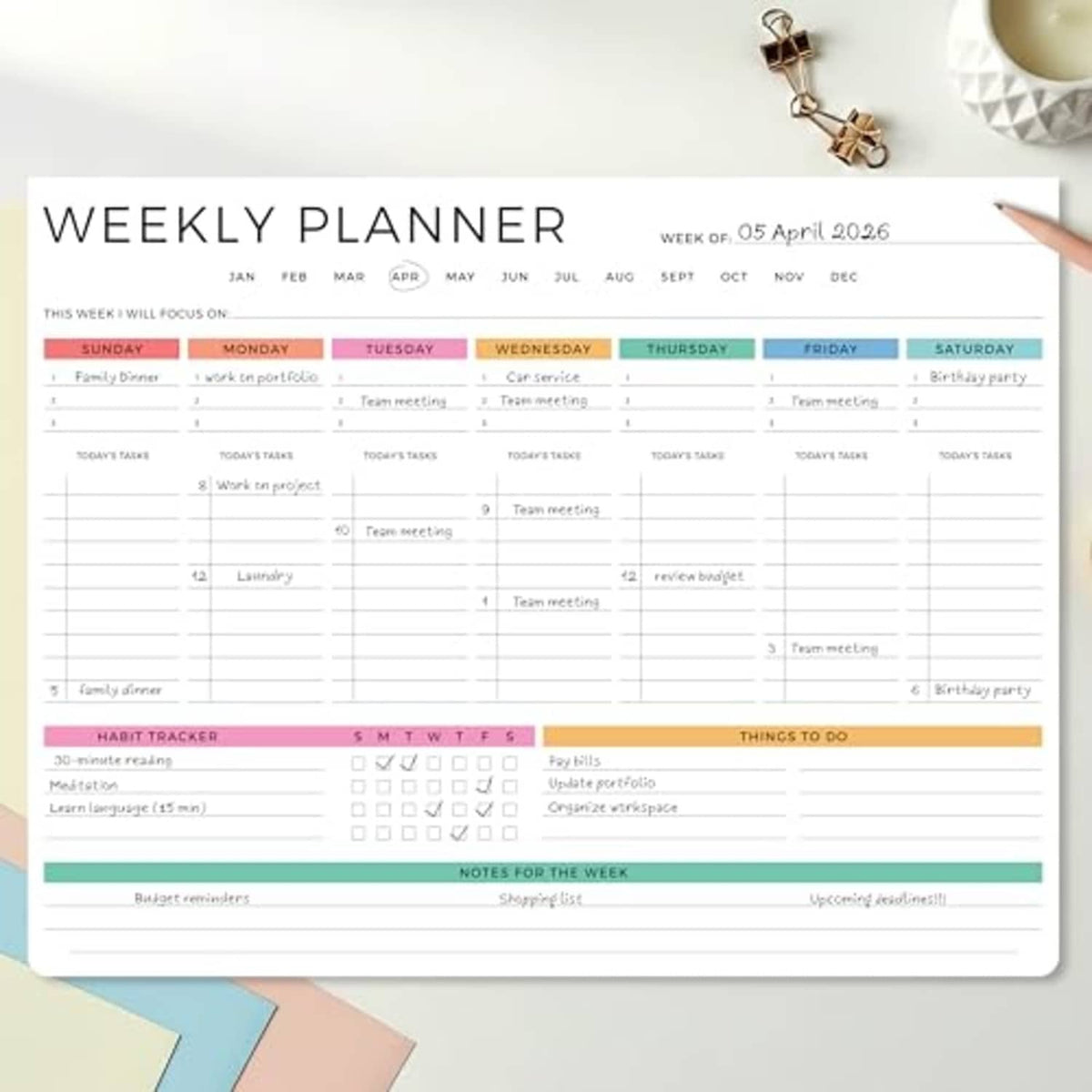 Weekly planner notepad with colorful weekly layout, tear-off pages, 52 sheets, 8.5x11