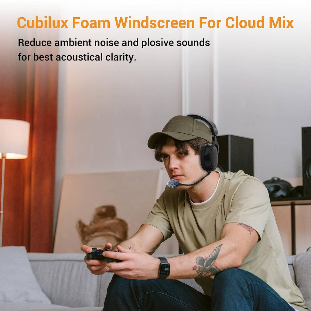 Grey furry windscreen on a headset microphone while gaming