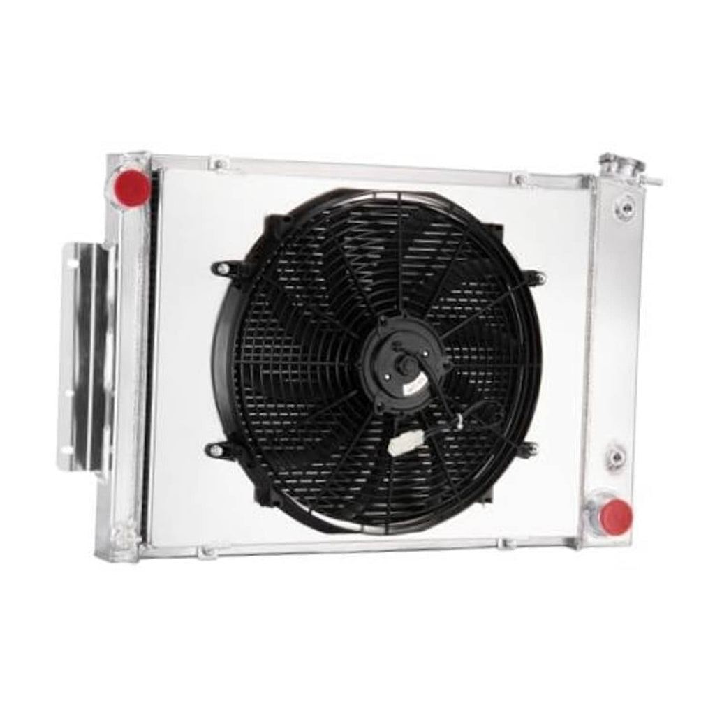 3-row radiator fan shroud with black cooling fan and silver frame, front view