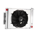 3-row radiator fan shroud with black cooling fan and silver frame, front view