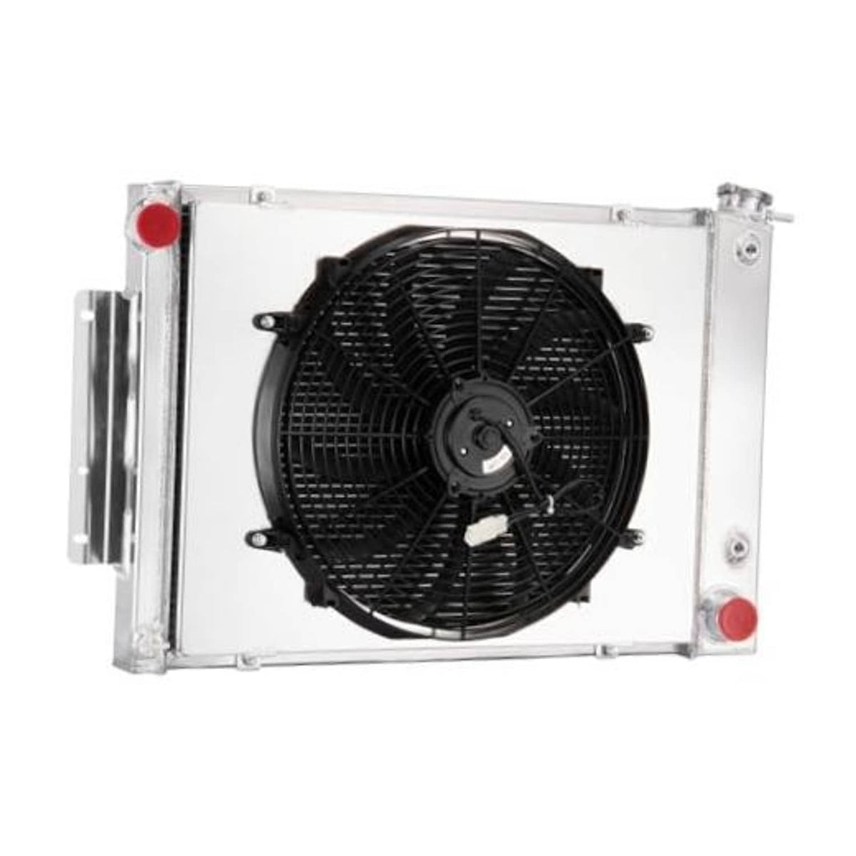 3-row radiator fan shroud with black cooling fan and silver frame, front view