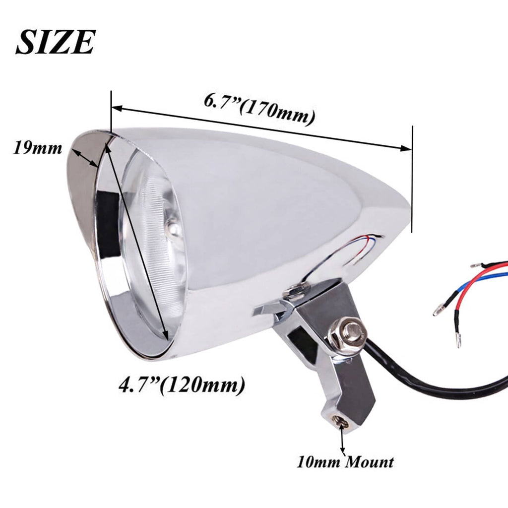 Motorcycle bullet headlight with chrome rim, mounting bracket, and wire leads