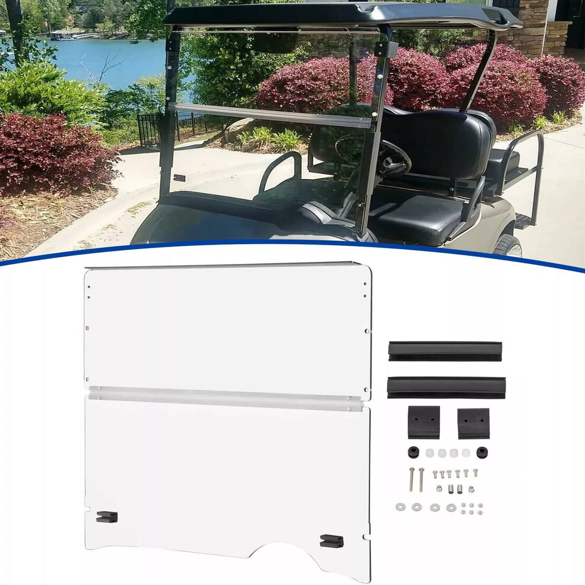 Foldable clear windshield panel kit with black mounting rails and screws