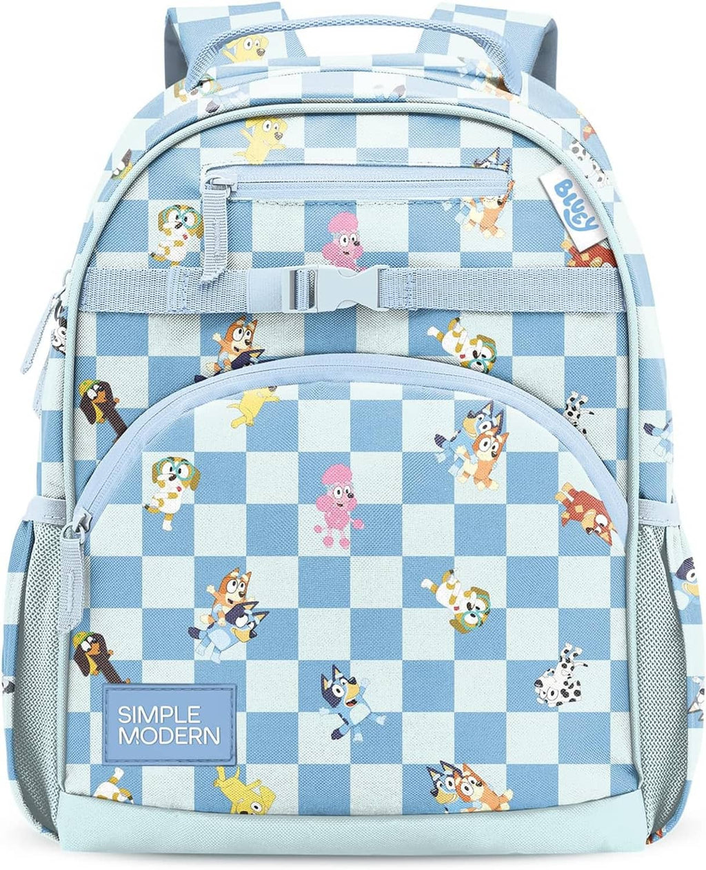 Toddler backpack in light blue check pattern with cartoon animal characters and front pocket