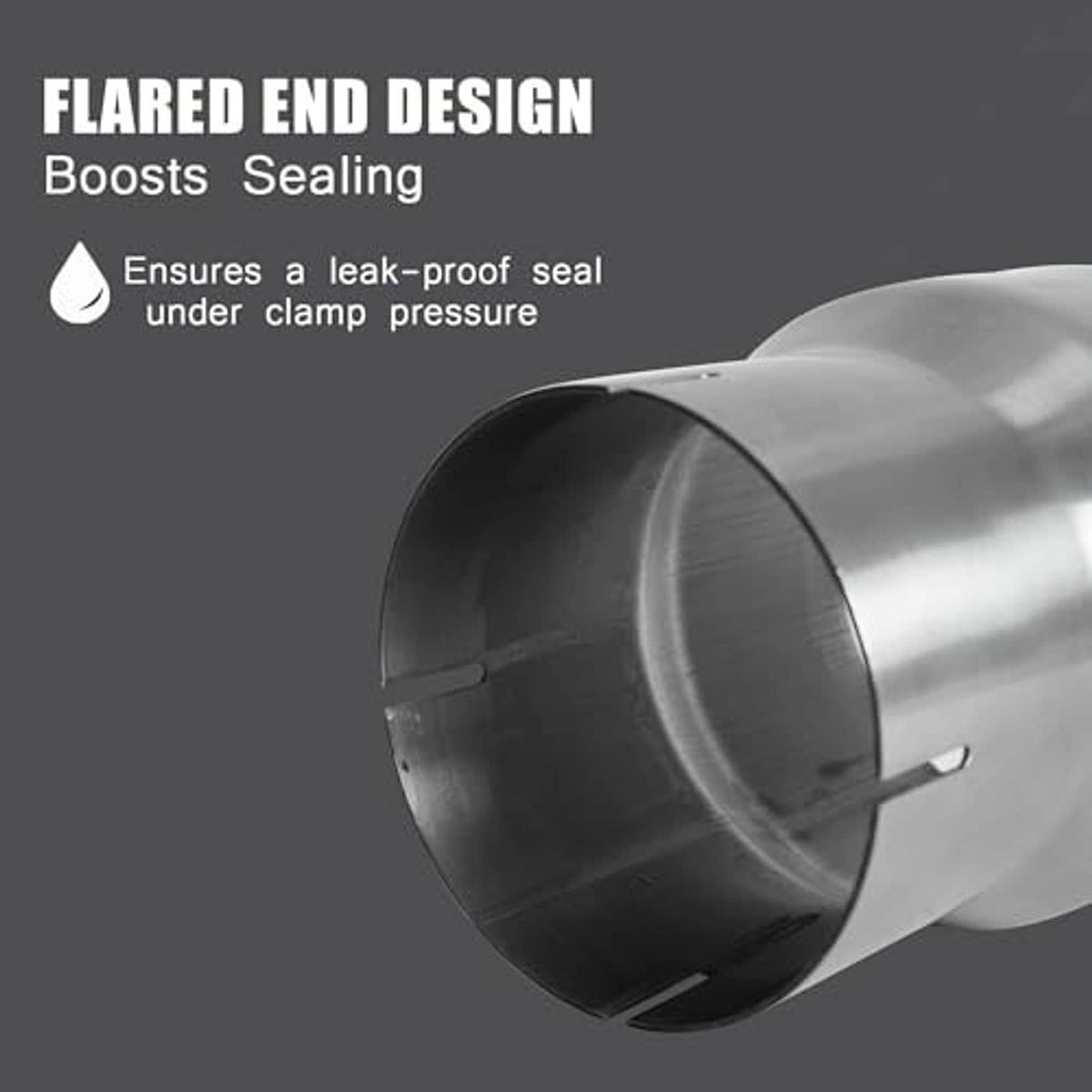 Flared end stainless steel exhaust adapter coupler with clamp-ready rim and slot