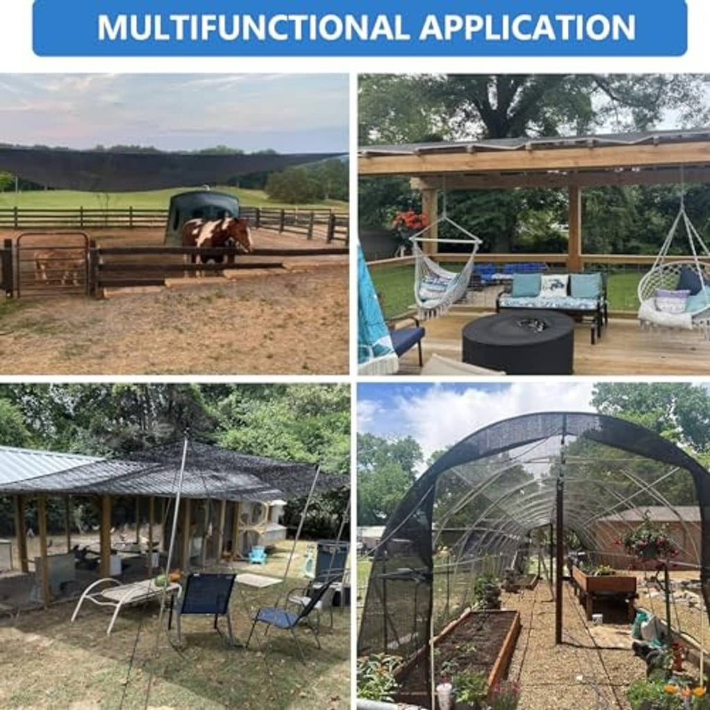 Black shade cloth tarp applied over outdoor areas, including garden seating and shelters
