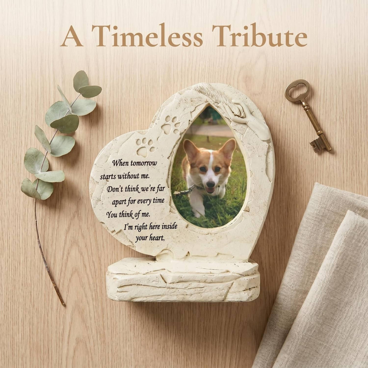 Heart-shaped dog memorial stone with oval photo frame and paw-print hand-crafted design