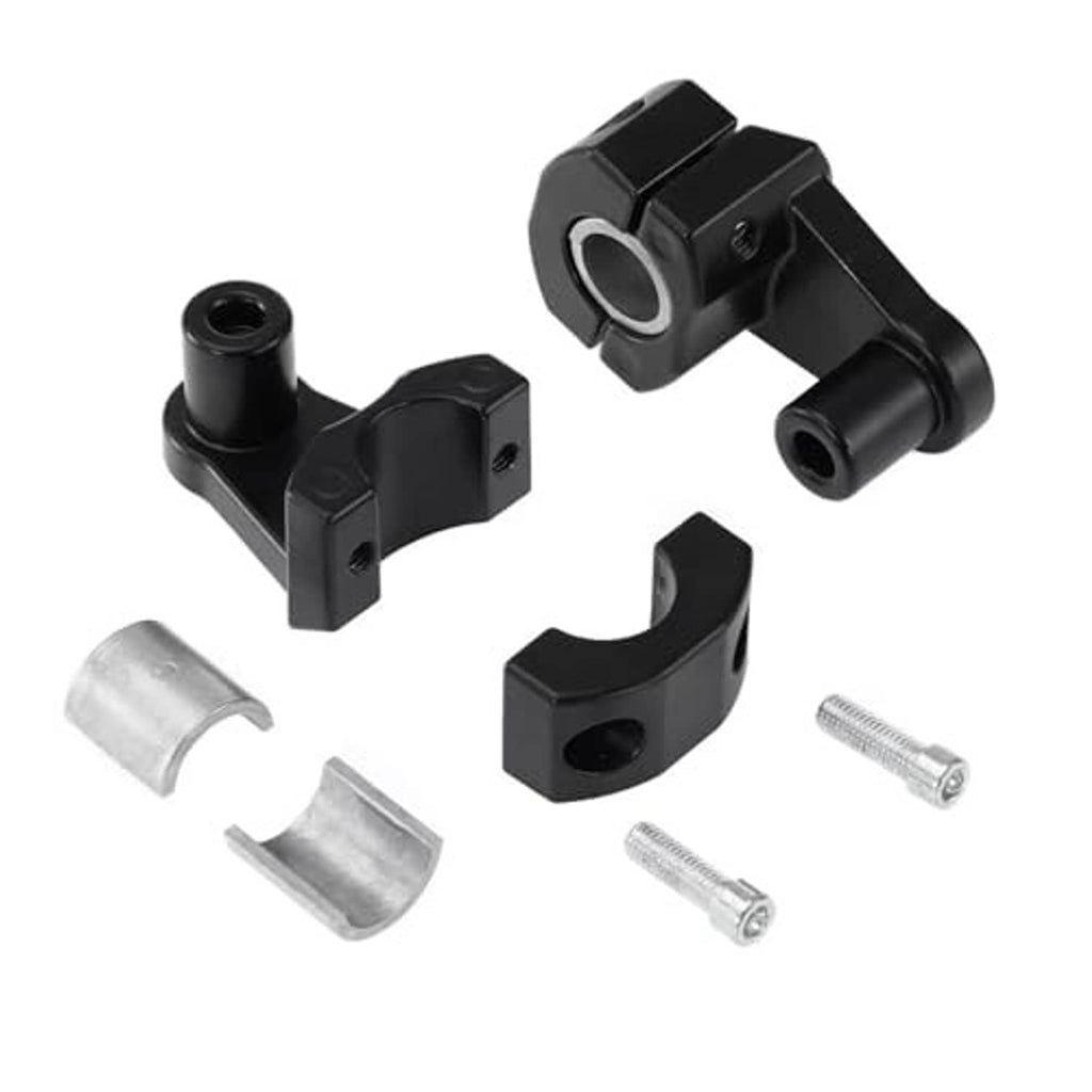 Pair of black motorcycle handlebar clamp risers with mounting hardware and spacers