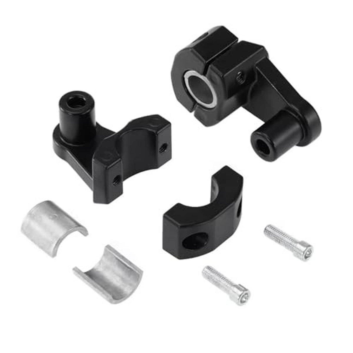 Pair of black motorcycle handlebar clamp risers with mounting hardware and spacers