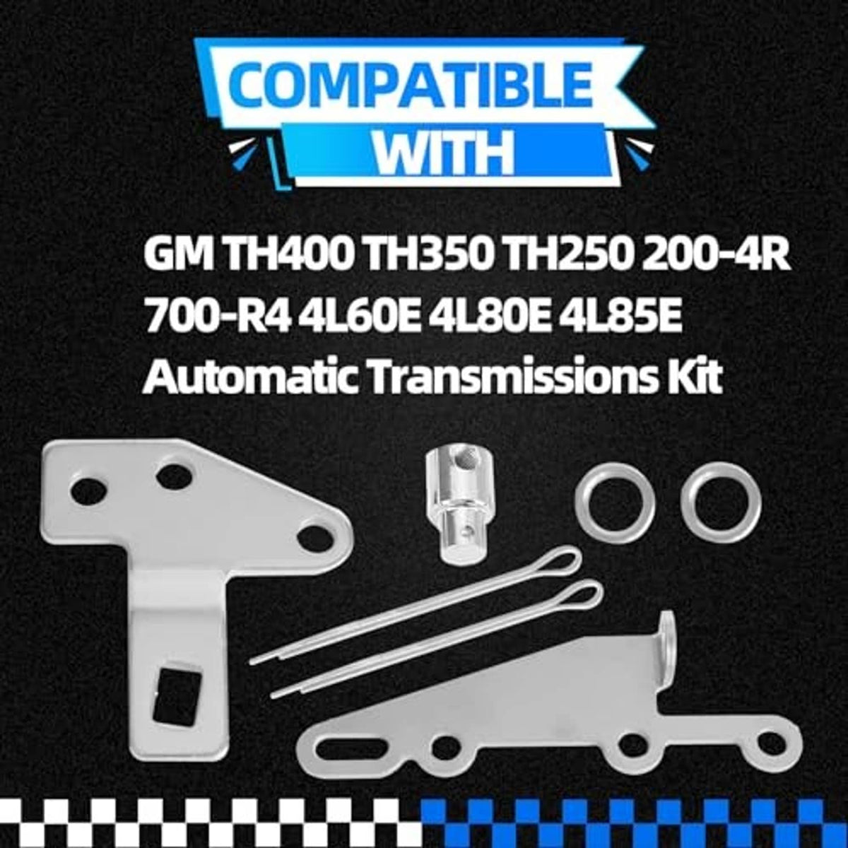 Automatic shifter bracket lever kit parts: steel bracket, swivel sleeve, rings, and cotter pins