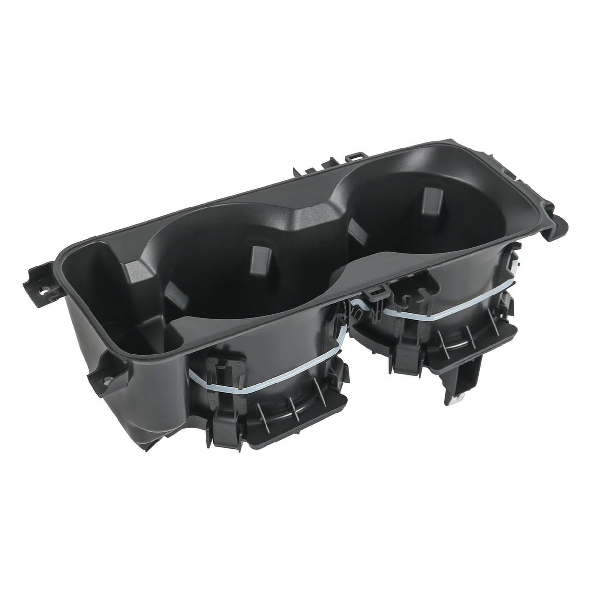 Black center console cup holder insert with two cup wells and underside mounting brackets