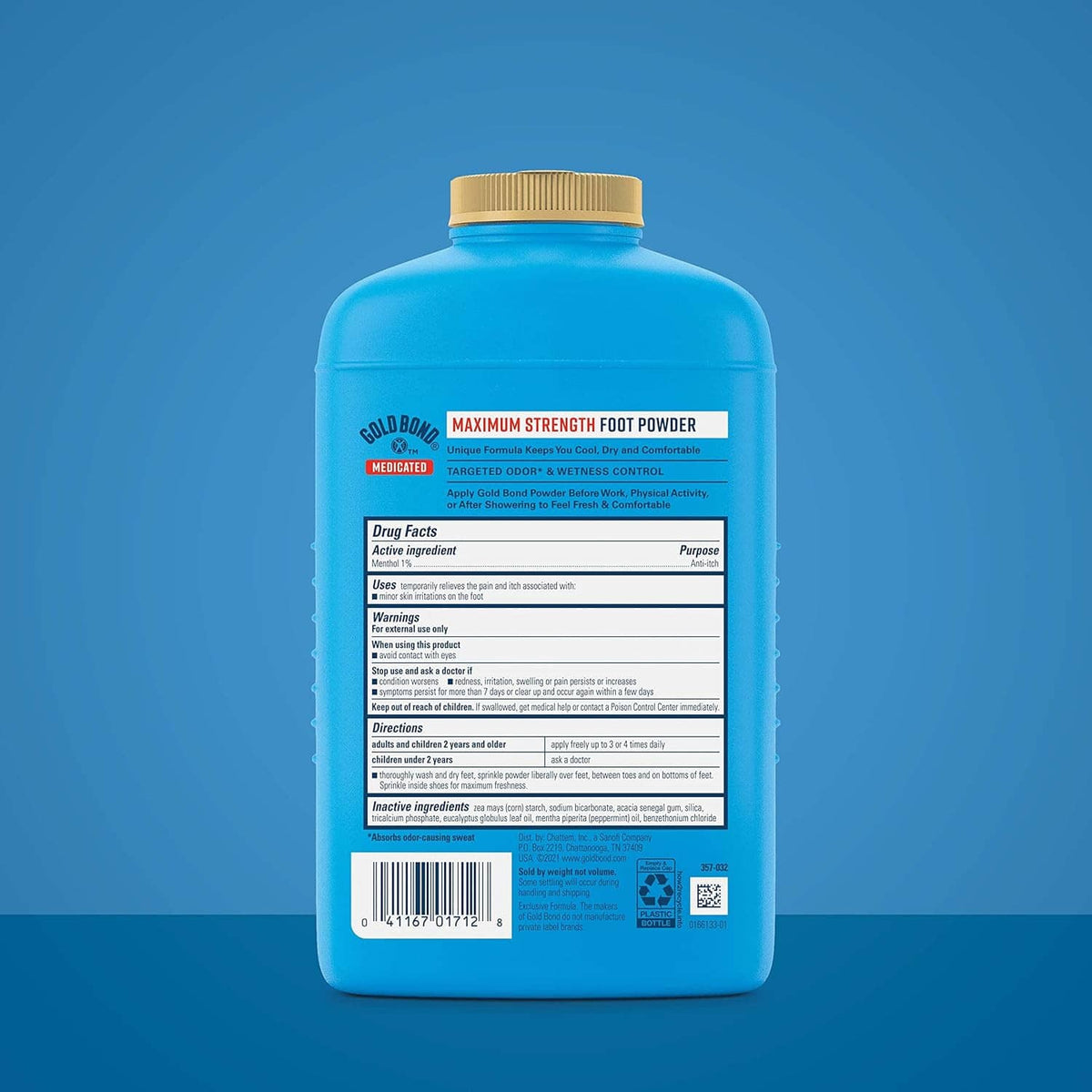 Blue medicated foot powder bottle with gold cap, back label facing up