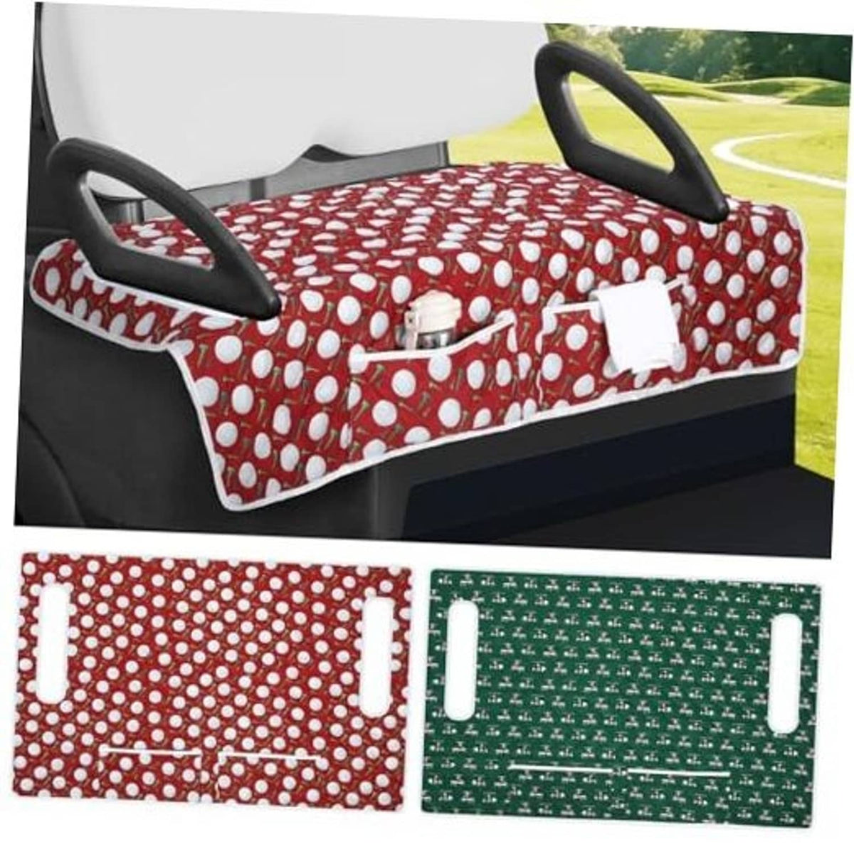 Red Christmas golf cart seat cover with white dot pattern and center pouch; covers front seat