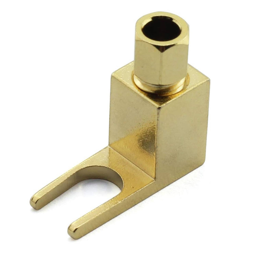 Gold banana-to-spade speaker cable connector with fork prongs and hex mount