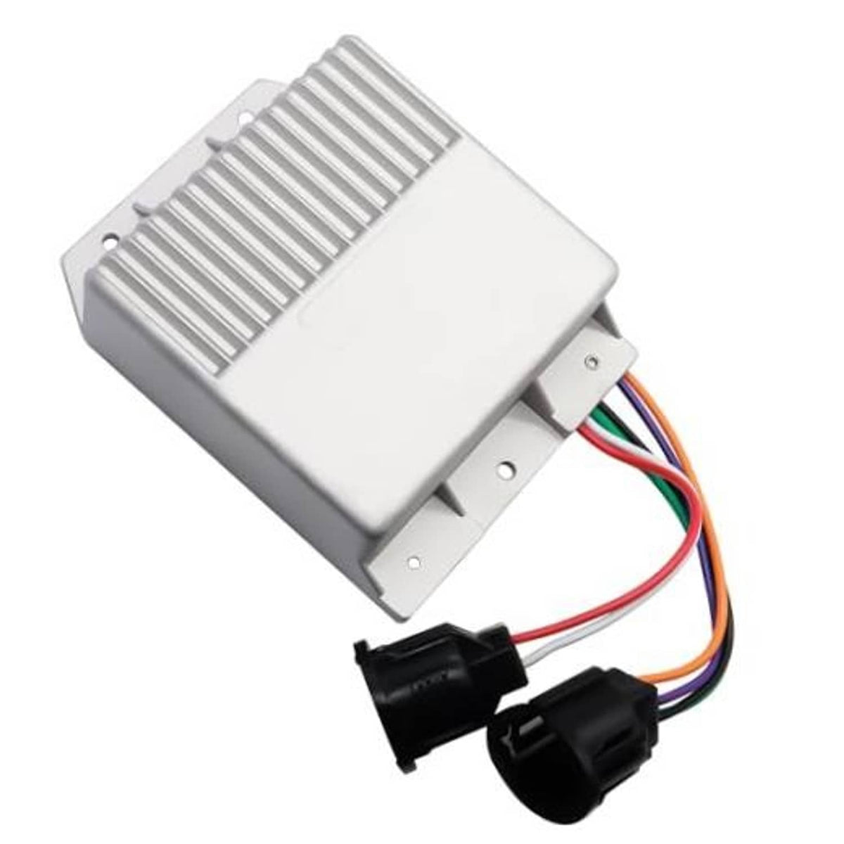 Ignition control module with white housing, heat-sink fins, and wire connector leads
