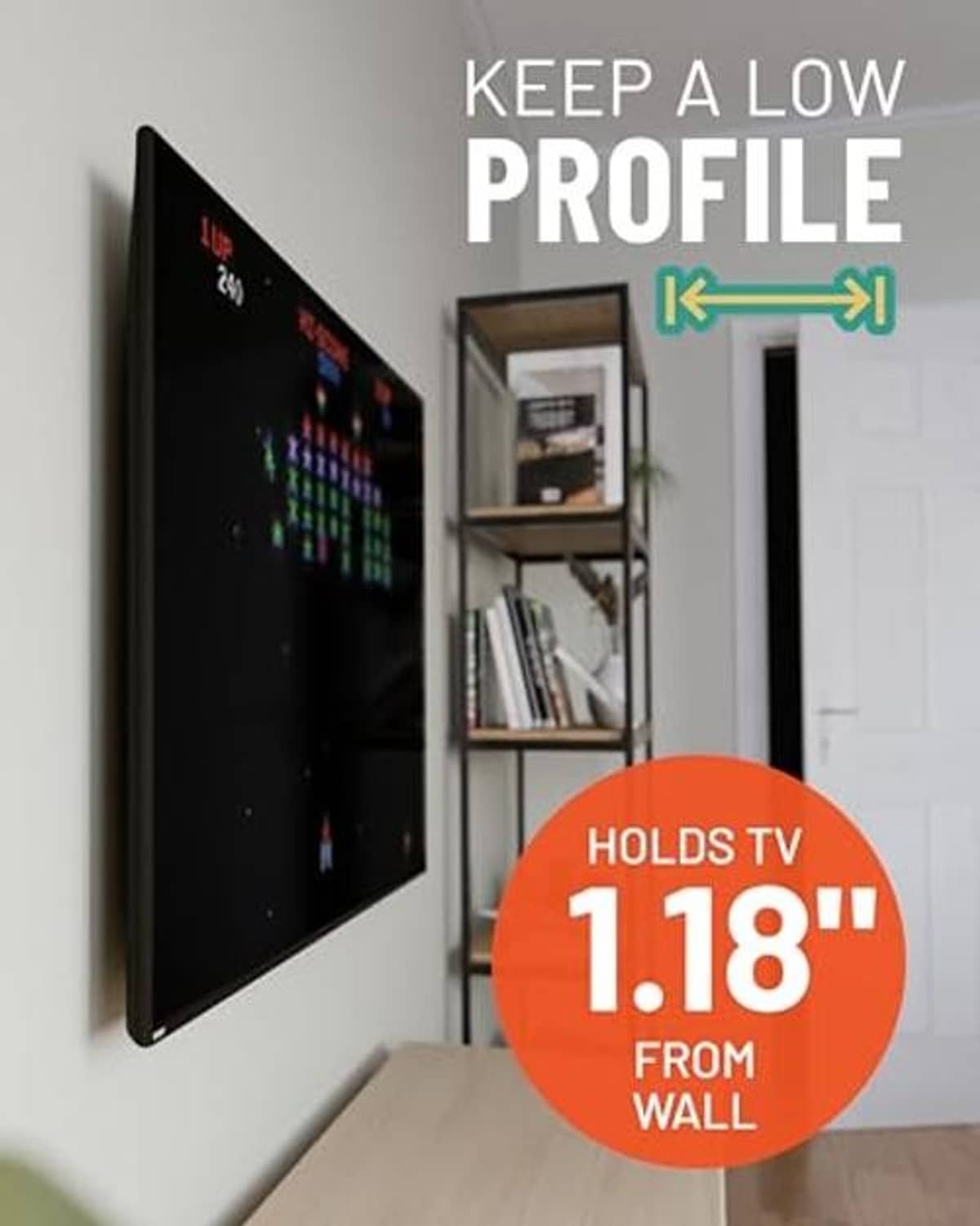 Low-profile fixed TV wall mount keeps TV about 1.18 in from wall, black