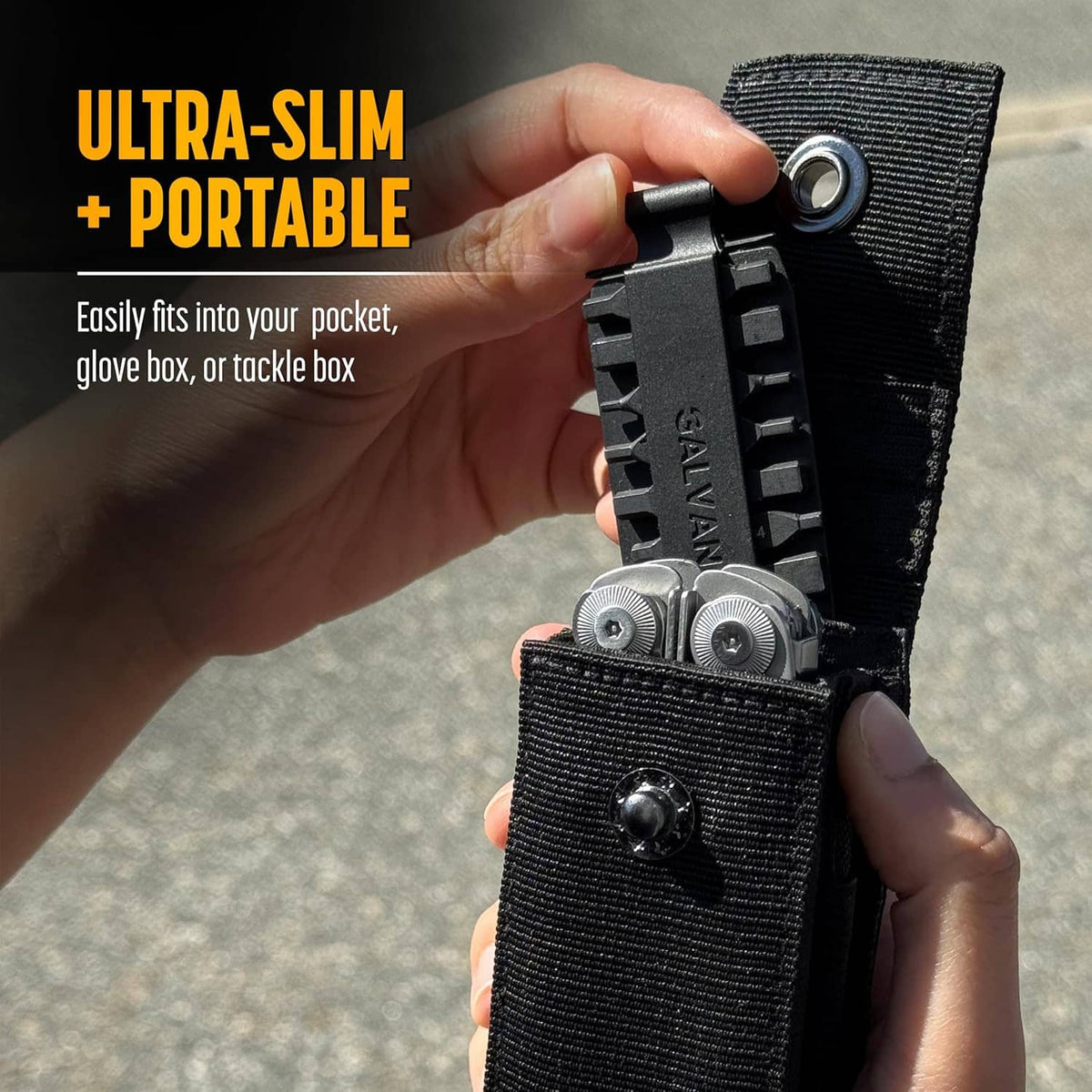 Portable ultra-slim bit kit in black fabric pouch with compact tool holder