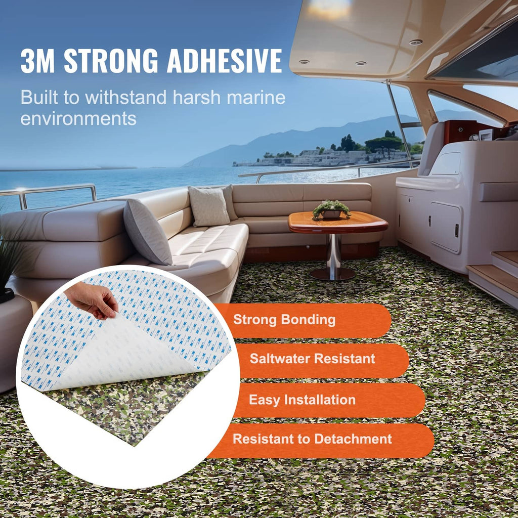 Green speckled EVA foam boat decking mat on deck, with rolled sheet detail inset.