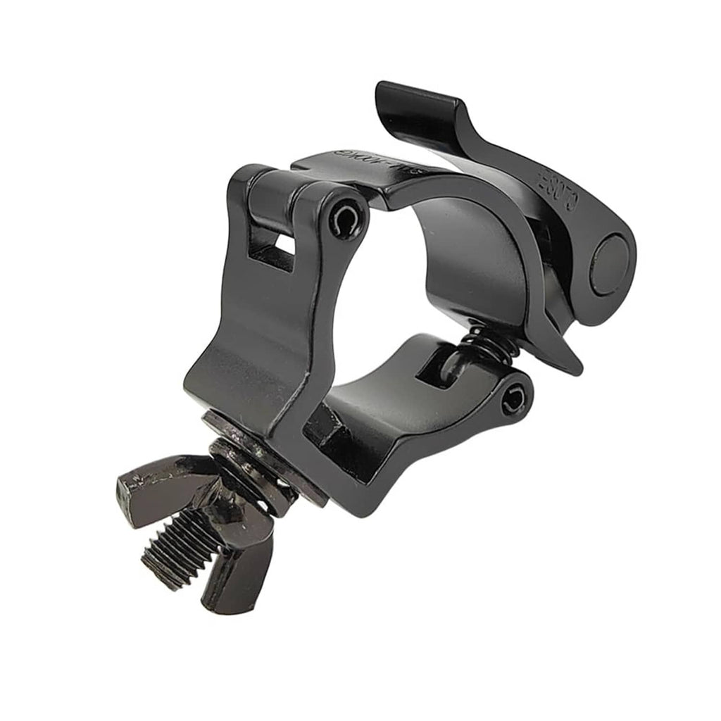 Black quick-release pipe clamp underside view with threaded clamp hardware