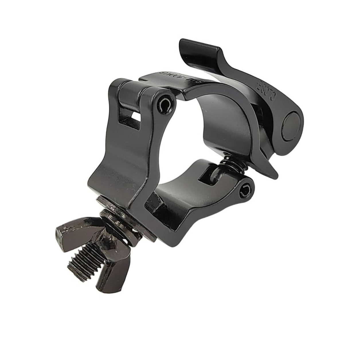 Black quick-release pipe clamp underside view with threaded clamp hardware
