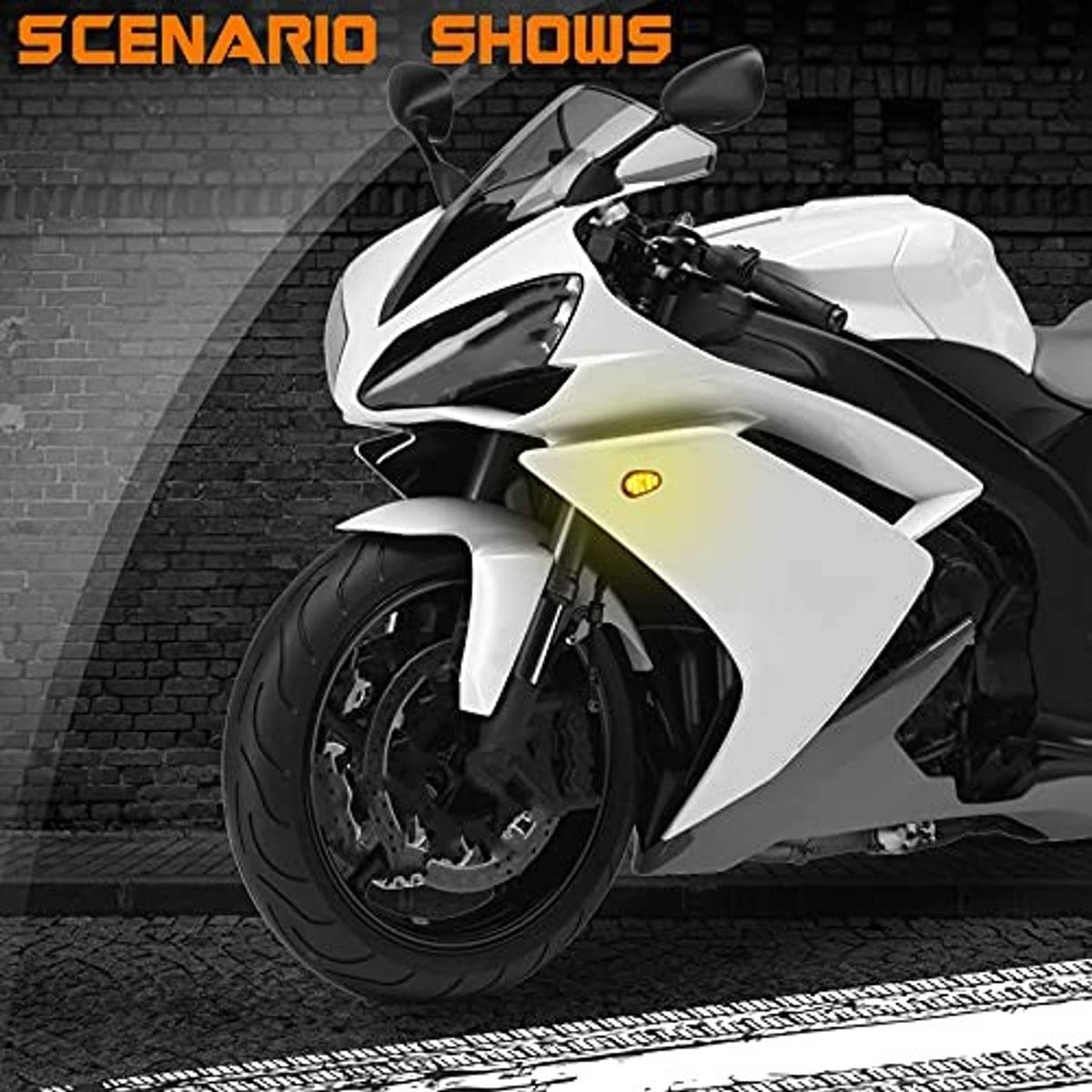 Smoked-lens LED turn signals on white sport motorcycle, amber lens